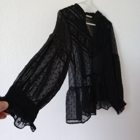 Zara Basic Women's dotted Sheer Blouse with Lace Black size Small - Picture 3 of 10